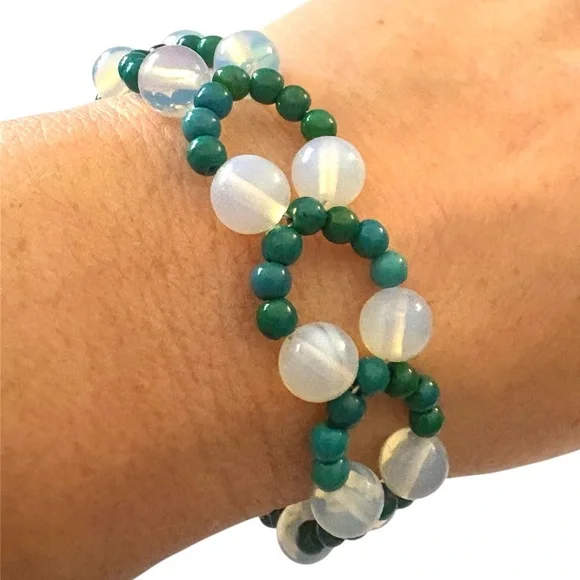 Opalite and Crysocolla Hand Beaded Bracelet with Adjustable Sizing Closure. - Picture 7 of 9